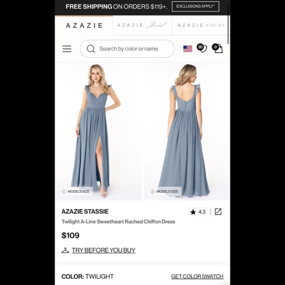 Azazie Bridal Stassie Dress, color Twilight, size 0A